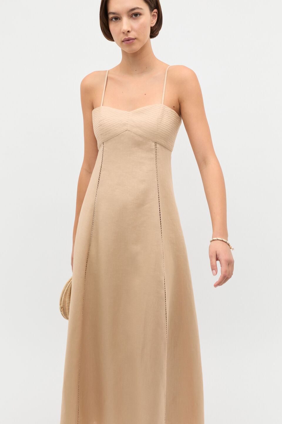 Linen Trim Insert Midi Dress  Ecru