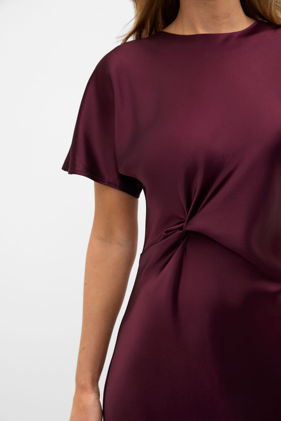 Satin Knot Front Dress  Plum Red