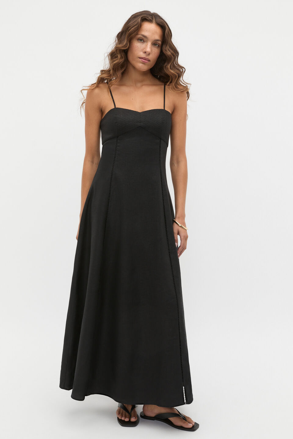 Linen Trim Insert Midi Dress  Black
