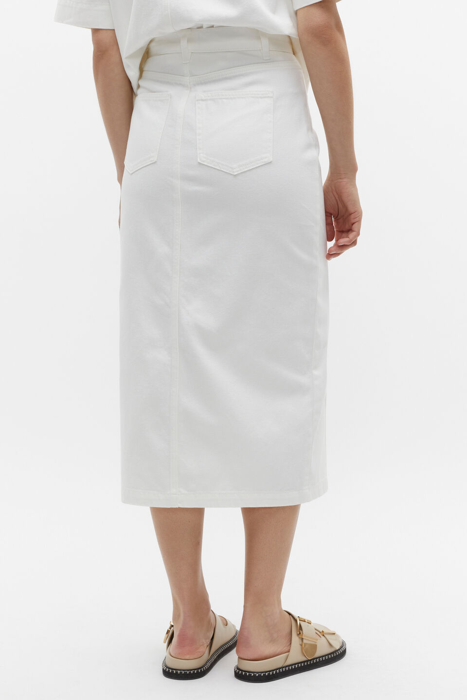 Denim Midi Pintuck Skirt  Cloud Cream