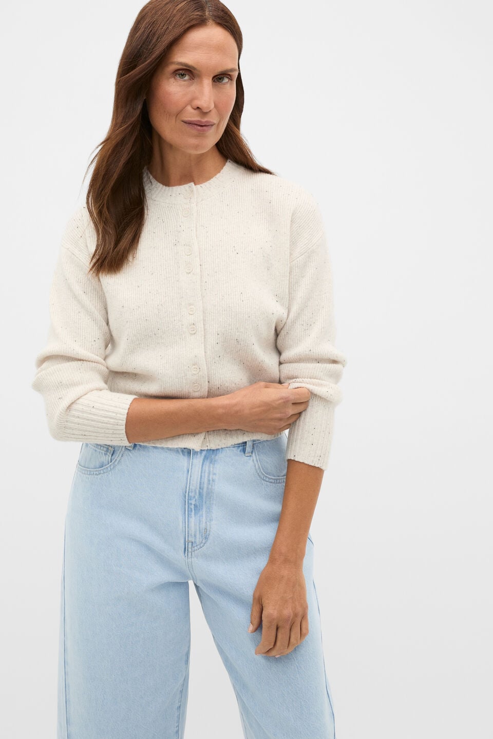 Merino Button Up Knit Cardigan  Mist Speckle