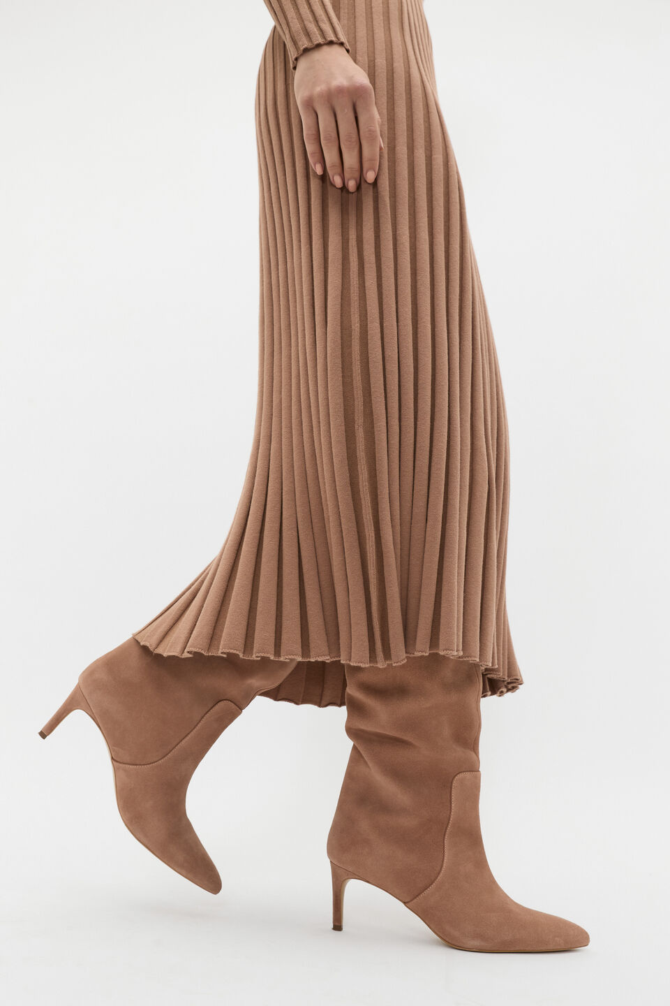 Pleated V Neck Knit Dress  Amaretto