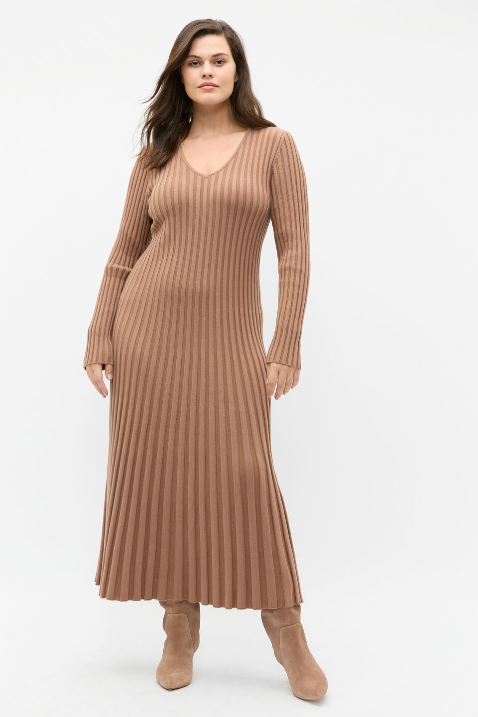 Pleated V Neck Knit Dress  Amaretto