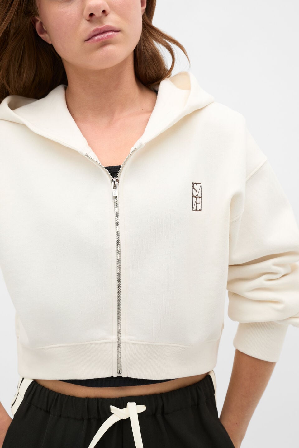 Logo Cropped Zip Hoodie  Classic Cream