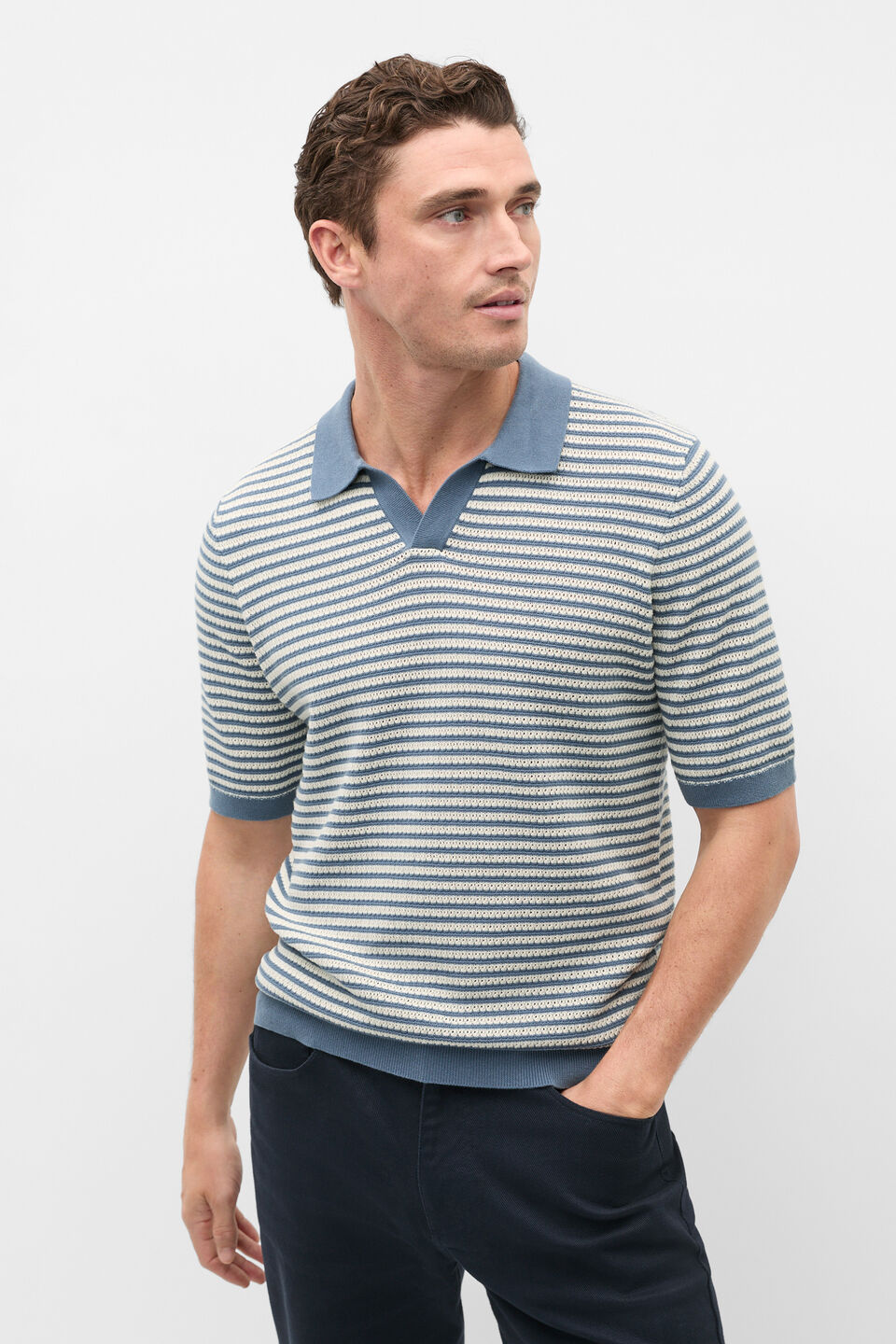 Contrast Stripe Knit Polo  Storm Blue