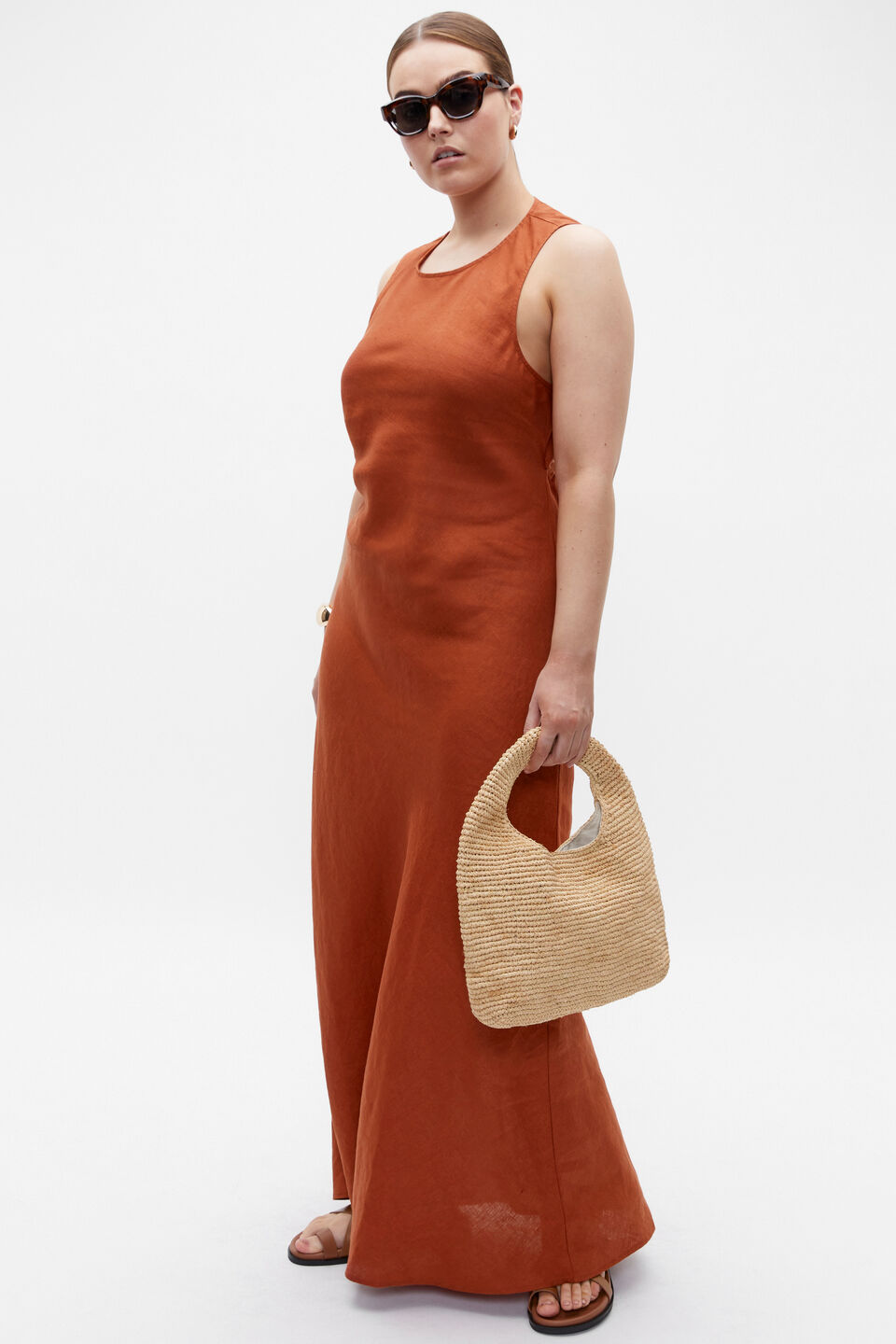 Linen Ruched Side Maxi Dress  Russet