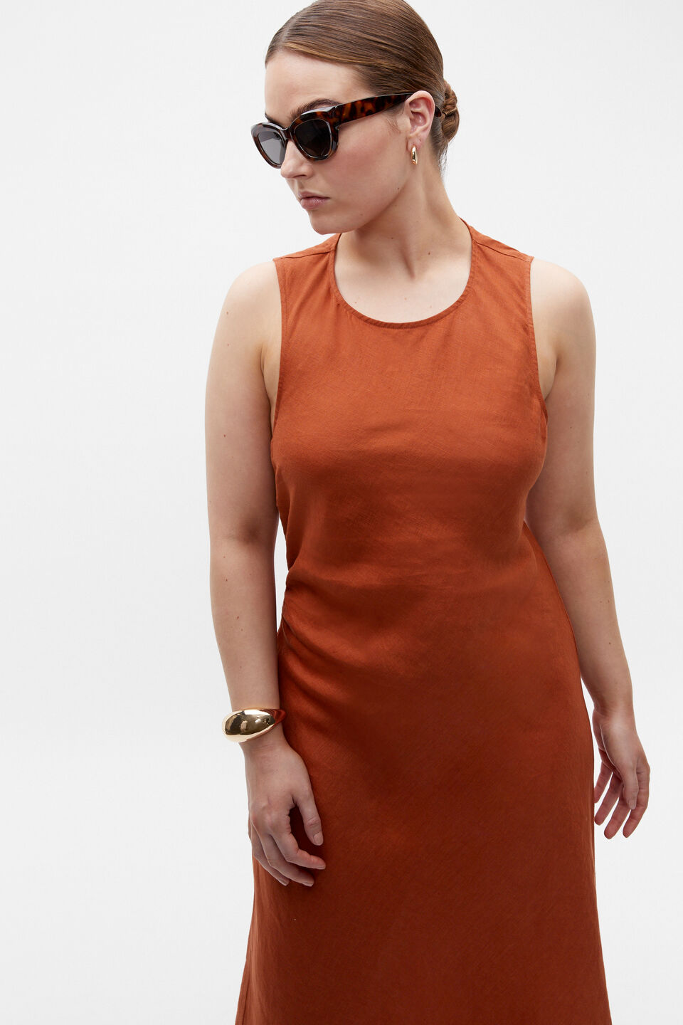Linen Ruched Side Maxi Dress  Russet
