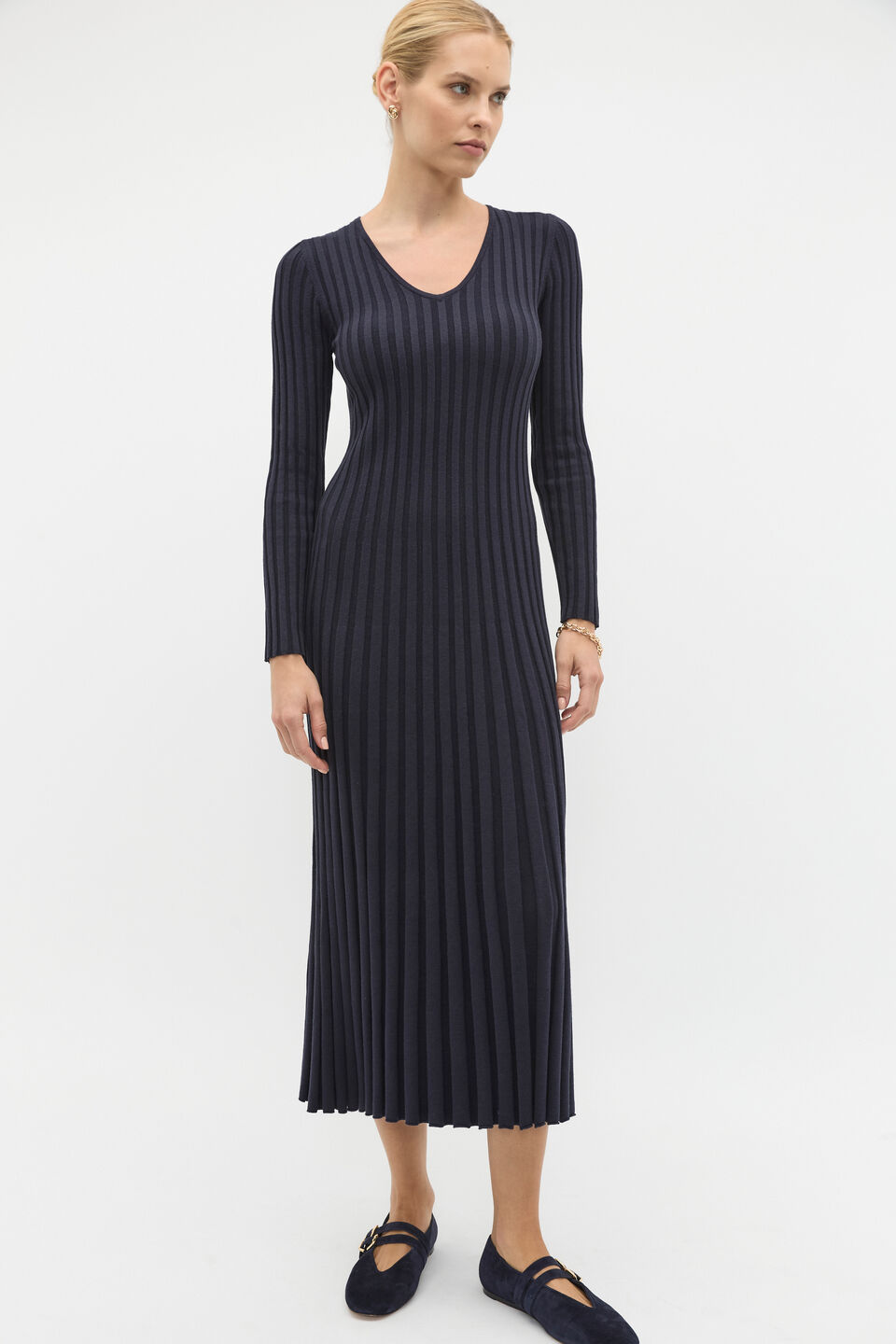 Pleated V Neck Knit Dress  Twilight Blue