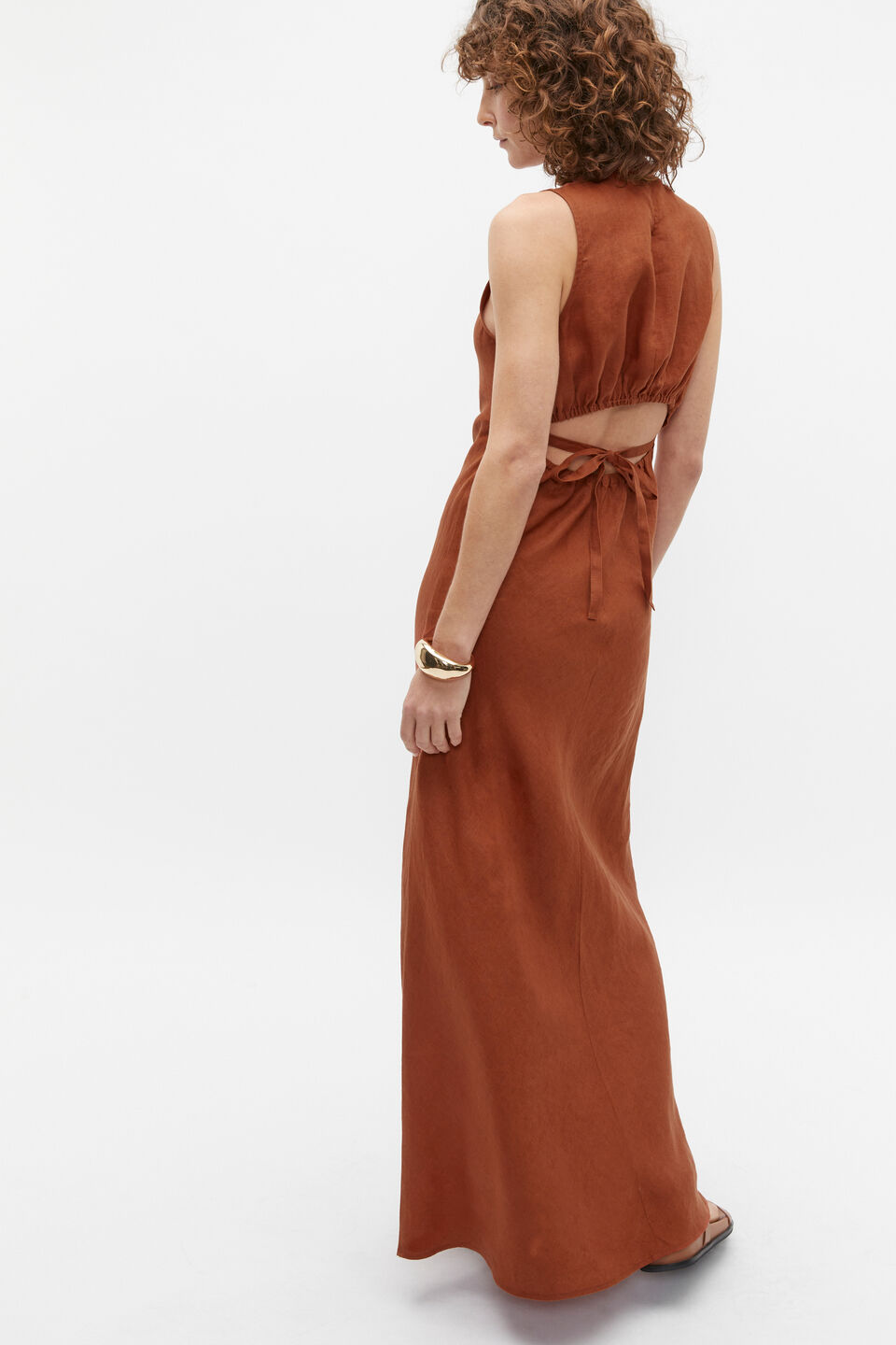Linen Ruched Side Maxi Dress  Russet