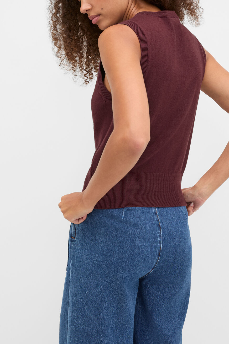 Cotton Blend Button Knit Vest  Plum Red