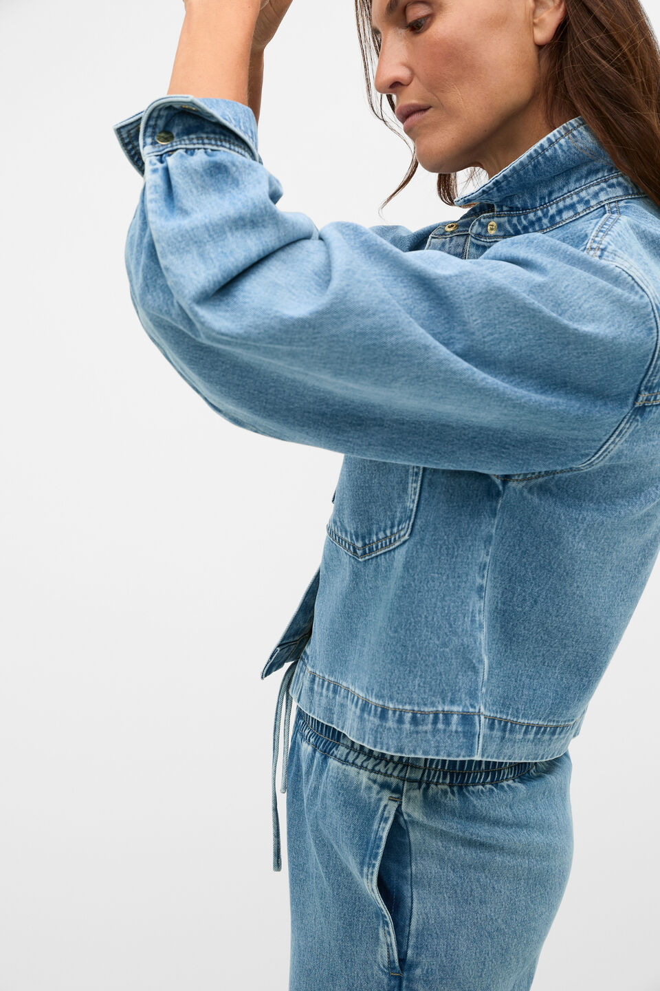 Denim Cropped Pocket Shirt  Mist Blue Wash
