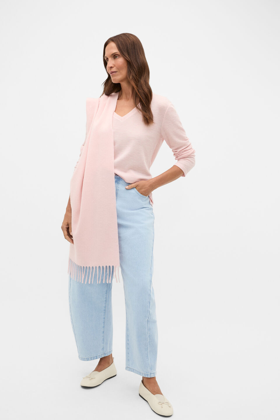 Australian Merino V Neck Top  Pale Blossom Marle