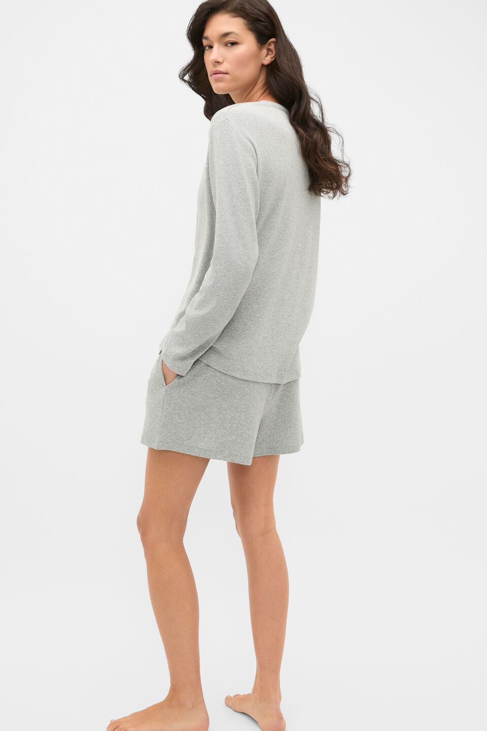 Ribbed Long Sleeve Henley and Short PJ Set  Pale Slate Marle