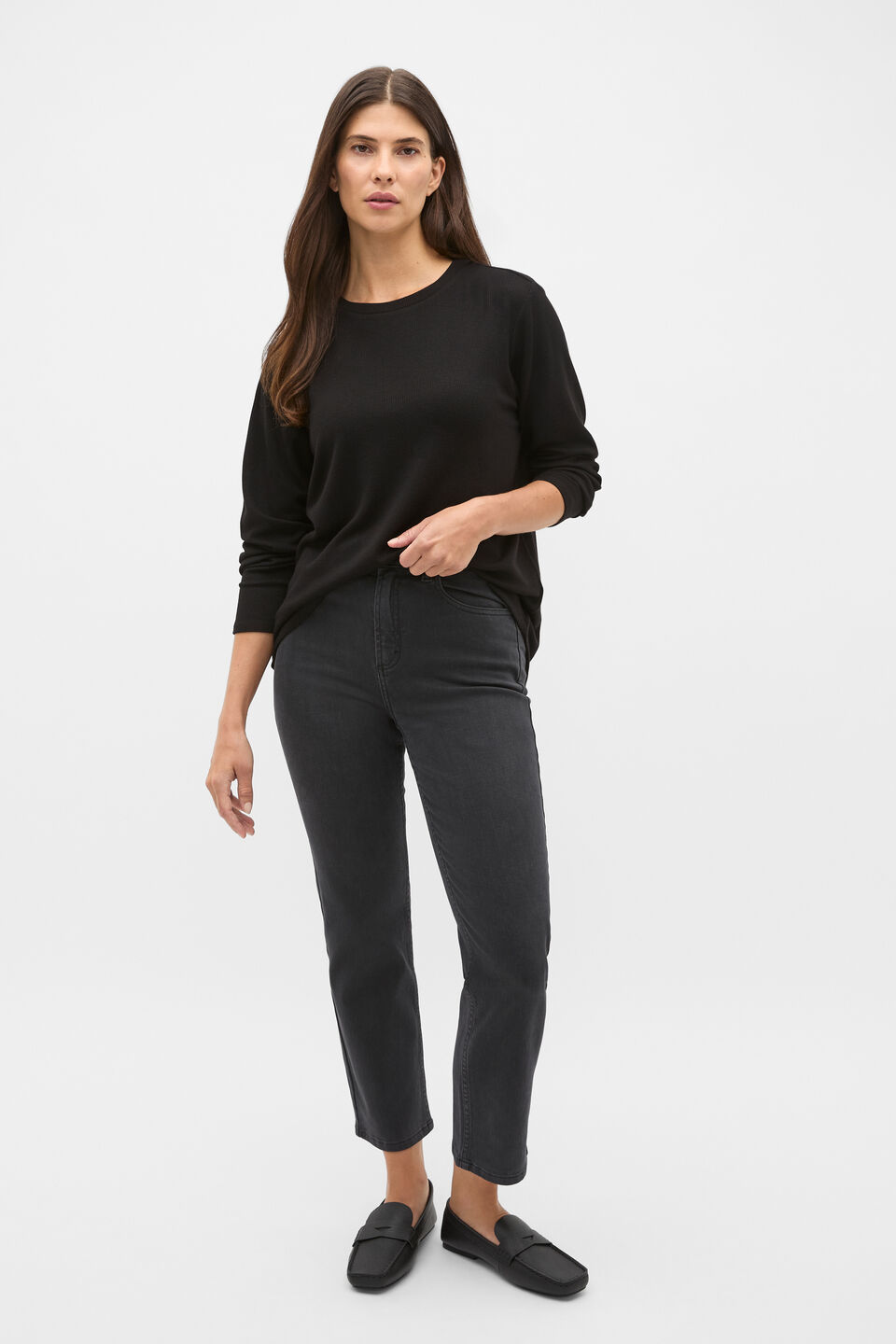 Micro Waffle Crew Neck Top  Black