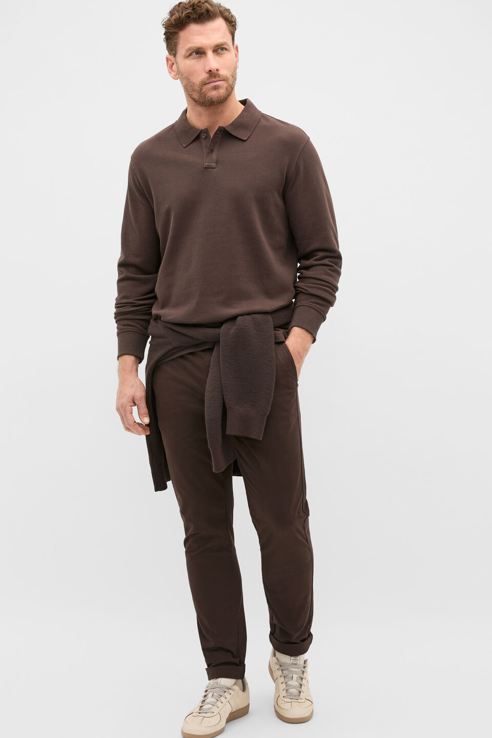 Long Sleeve Pique Polo  Dark Chocolate