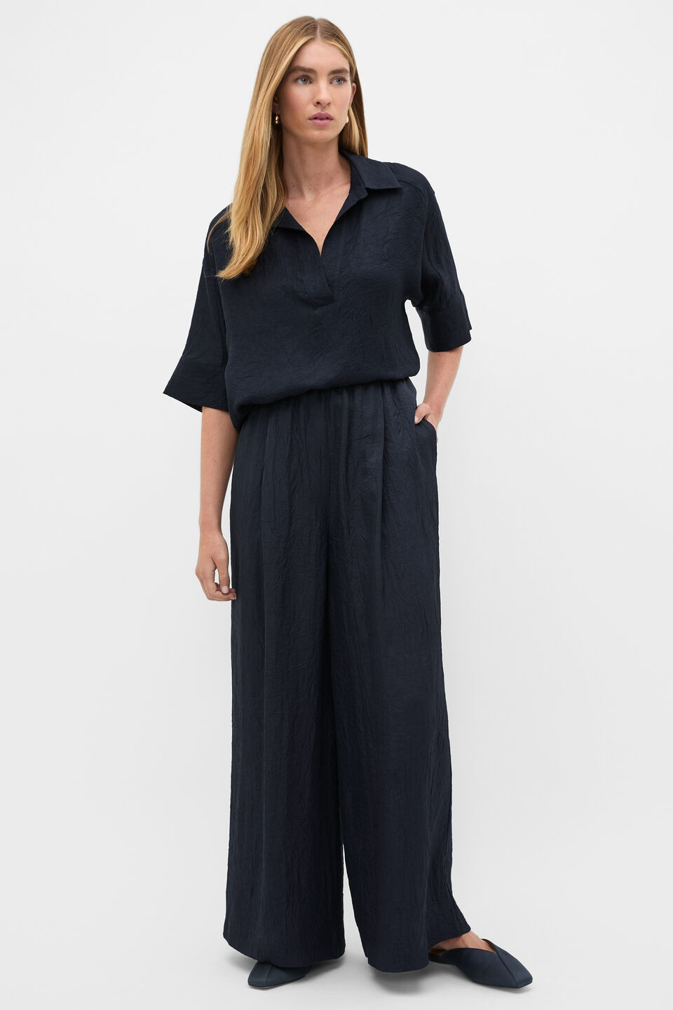 Textured Satin Gathered Pant  Twilight Blue