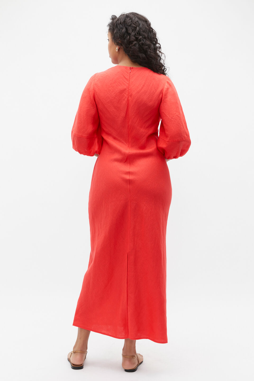 Linen Balloon Sleeve Slip Maxi Dress  Strawberry Red