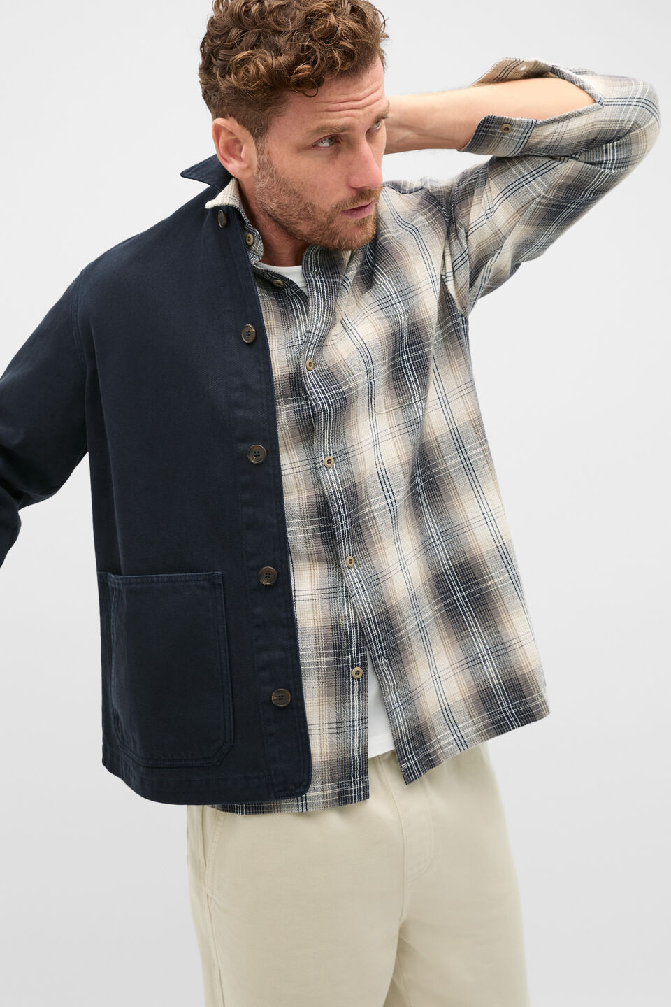 Long Sleeve Cotton Check Shirt  Taupe Check