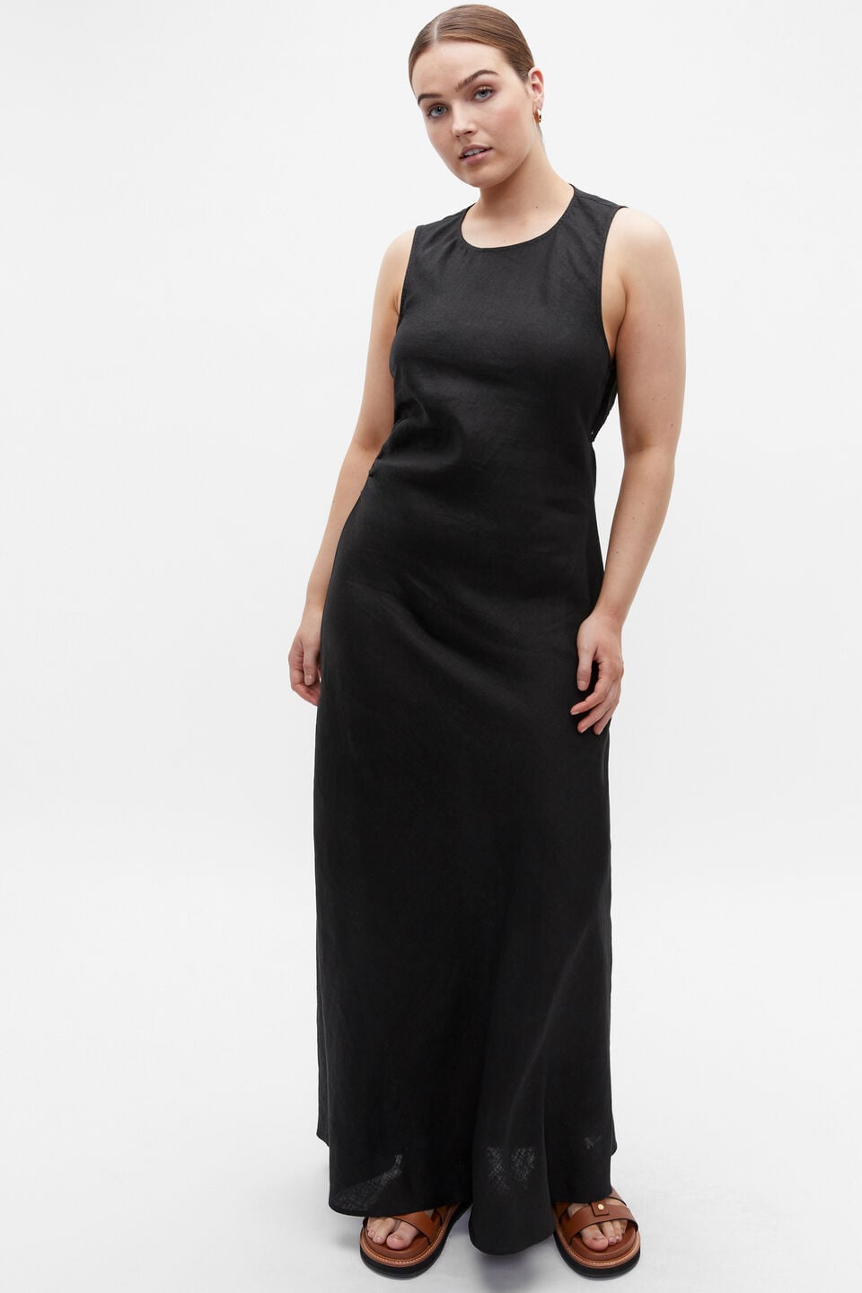 Linen Ruched Side Maxi Dress  Black