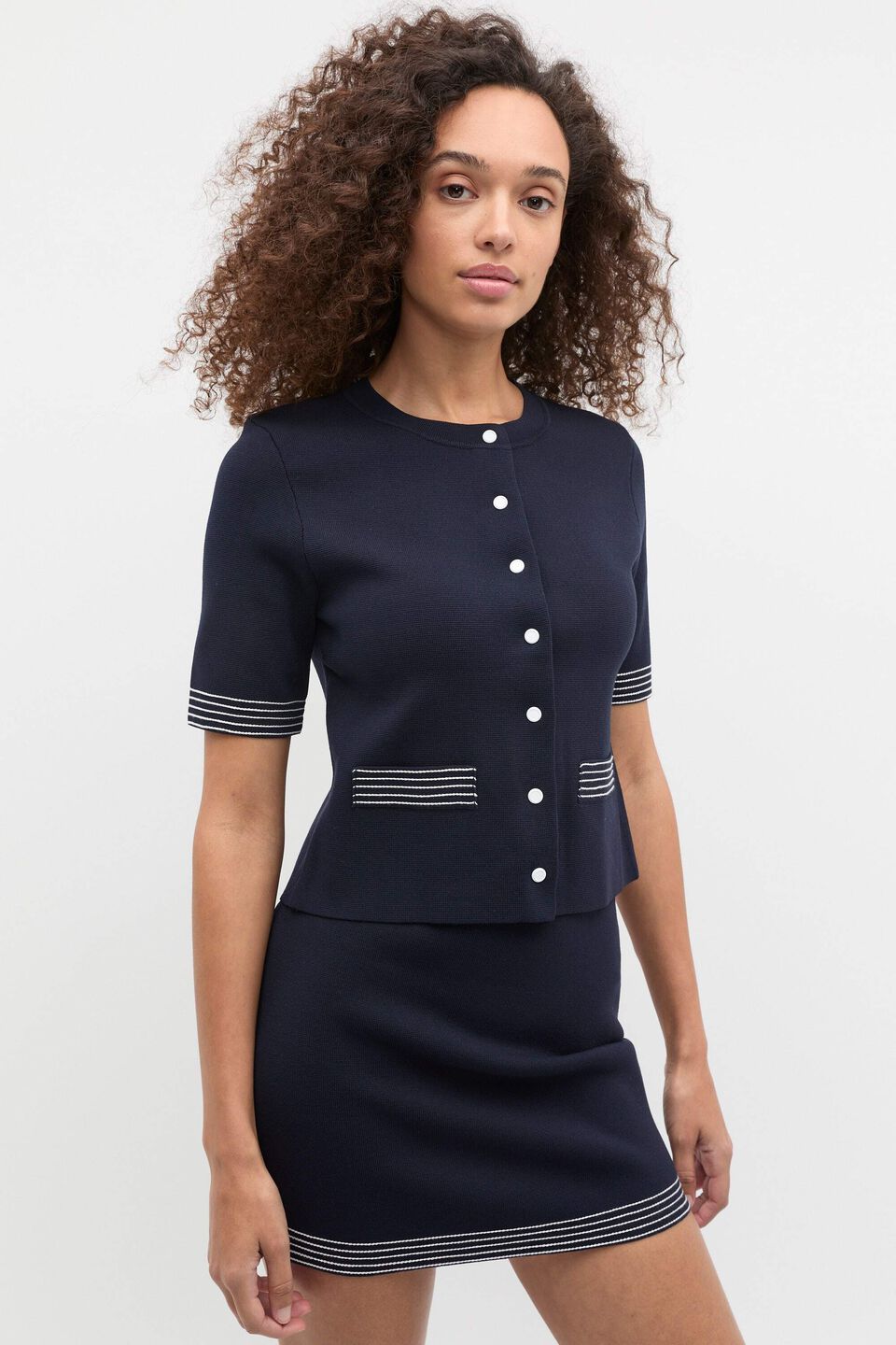 Crepe Knit Contrast Top  Twilight Blue