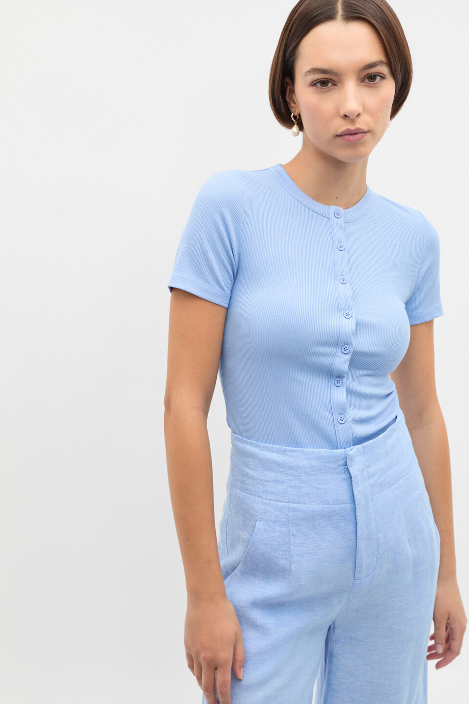 Rib Button Through Top  Cornflower Blue