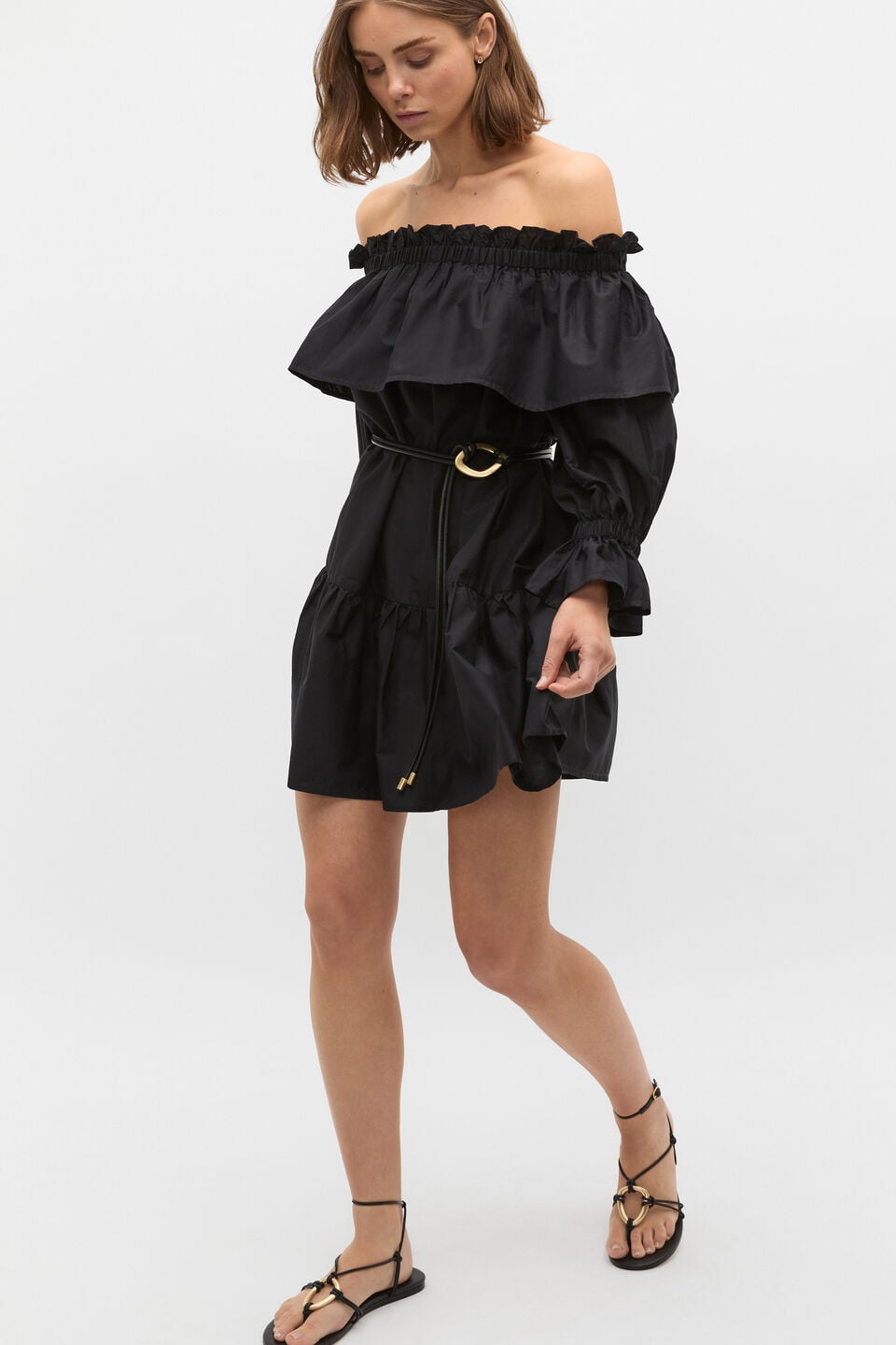 Voile Off Shoulder Ruffle Dress  Black