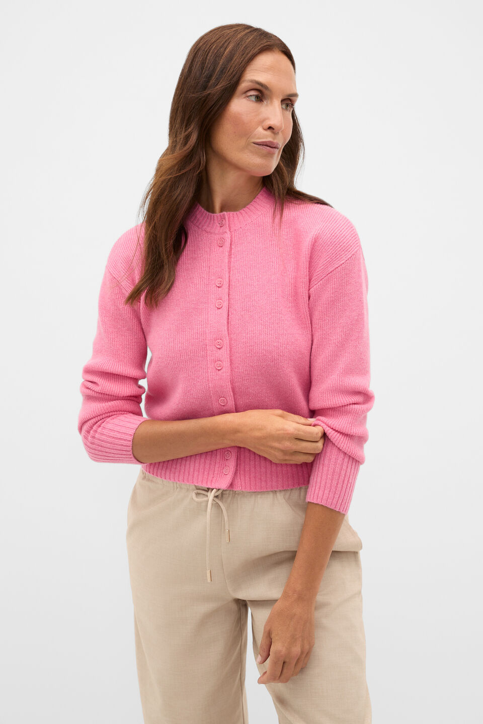Merino Button Up Knit Cardigan  Bubblegum Pink Marle