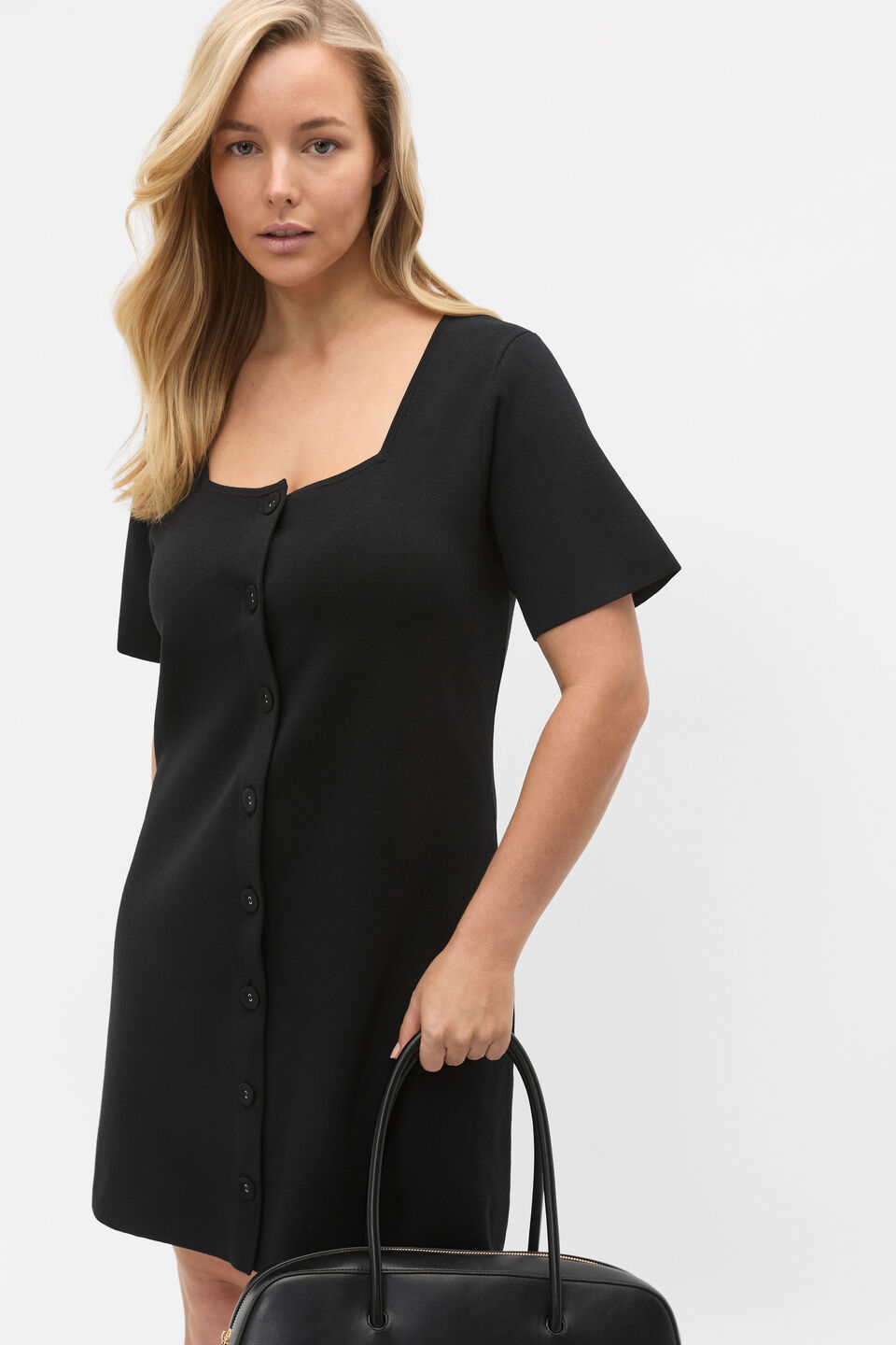 Crepe Knit Short Sleeve Mini Dress | Black | Seed Heritage