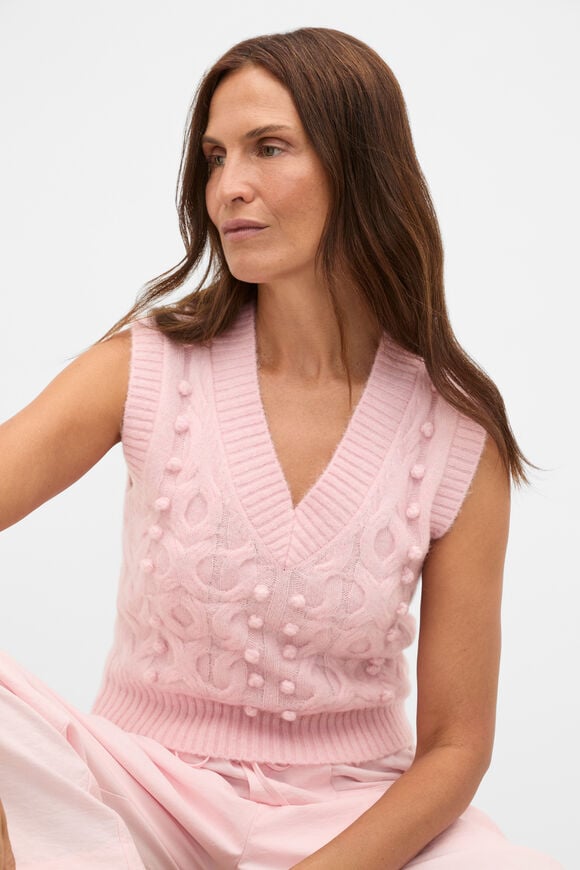 Pom Pom Cable Knit Vest  Pale Blossom Marle  hi-res