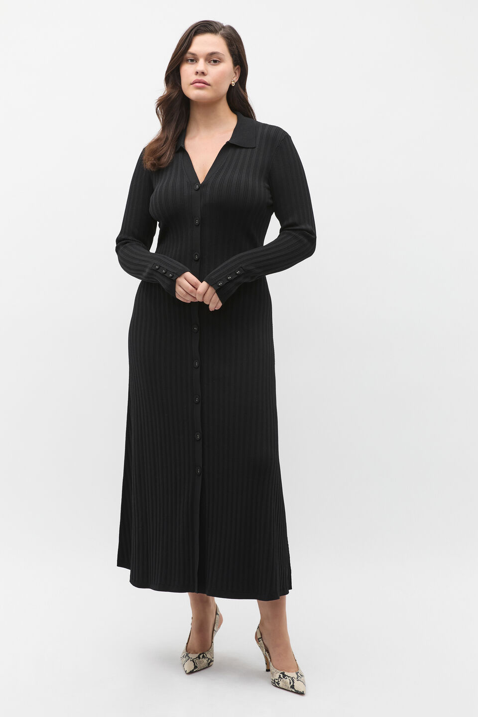 Crepe Ribbed Polo Midi Dress  Black