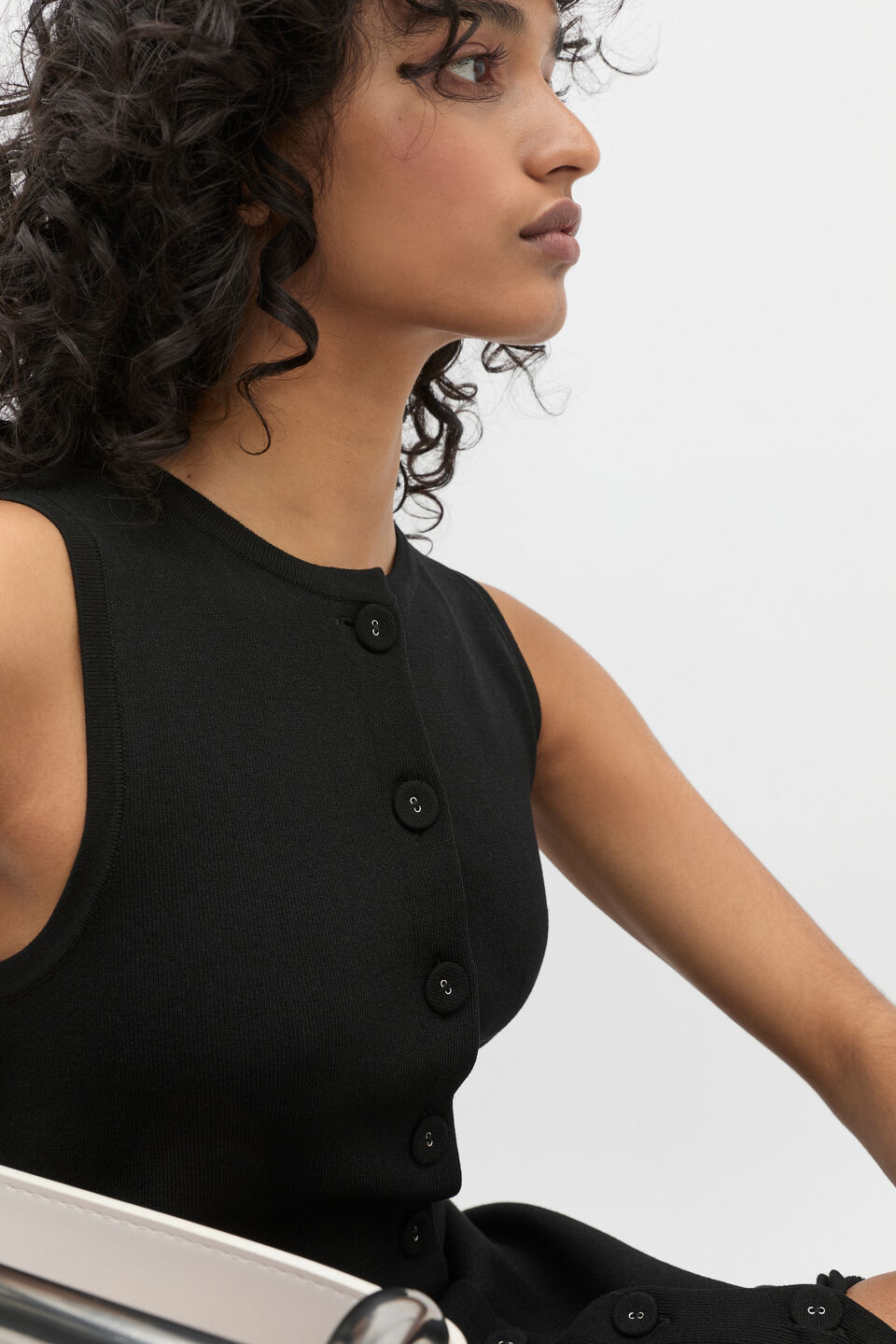 Crepe Button Midi Knit Dress  Black