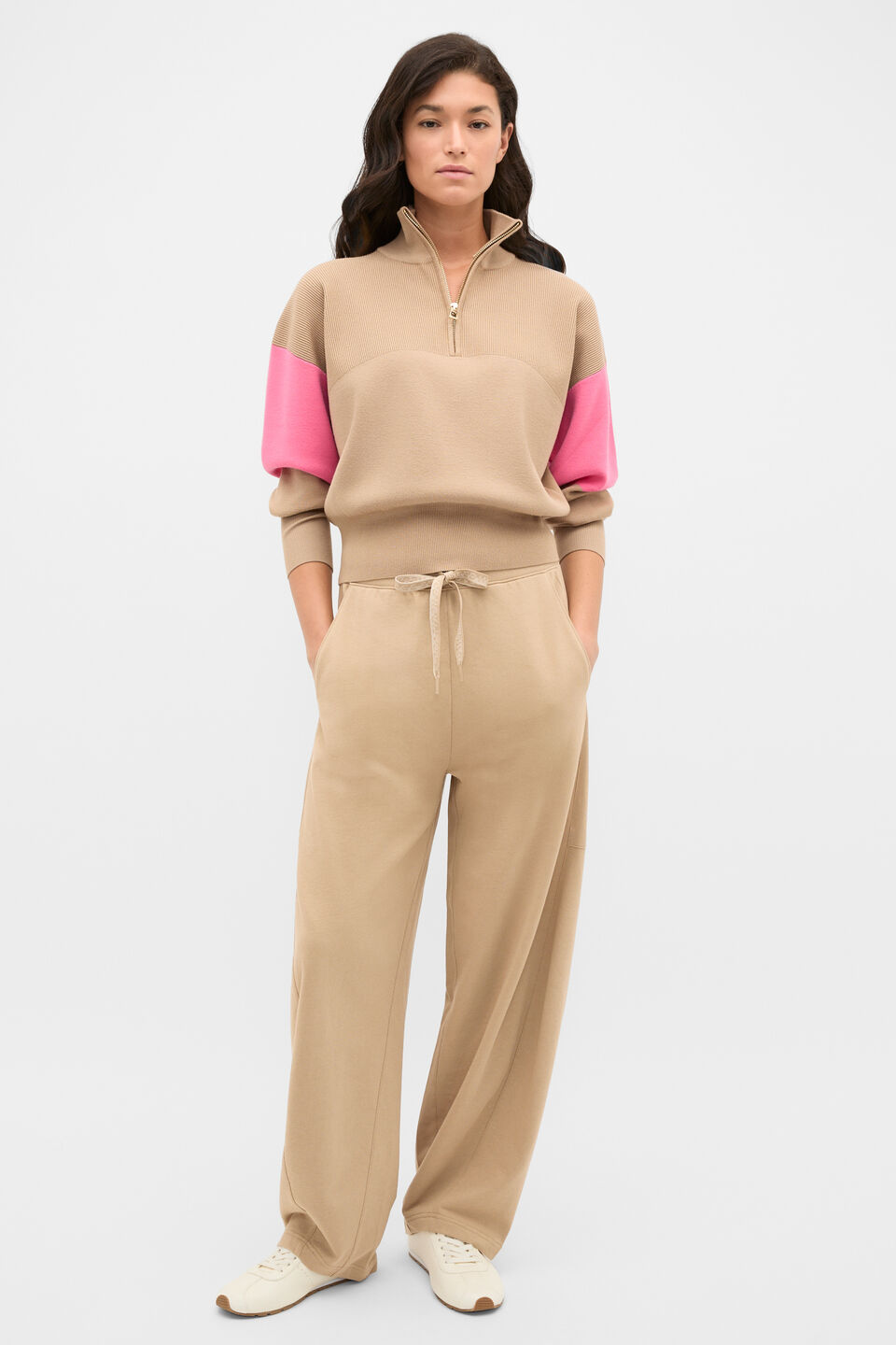 MD Contrast Zip Through Knit  Sandstone