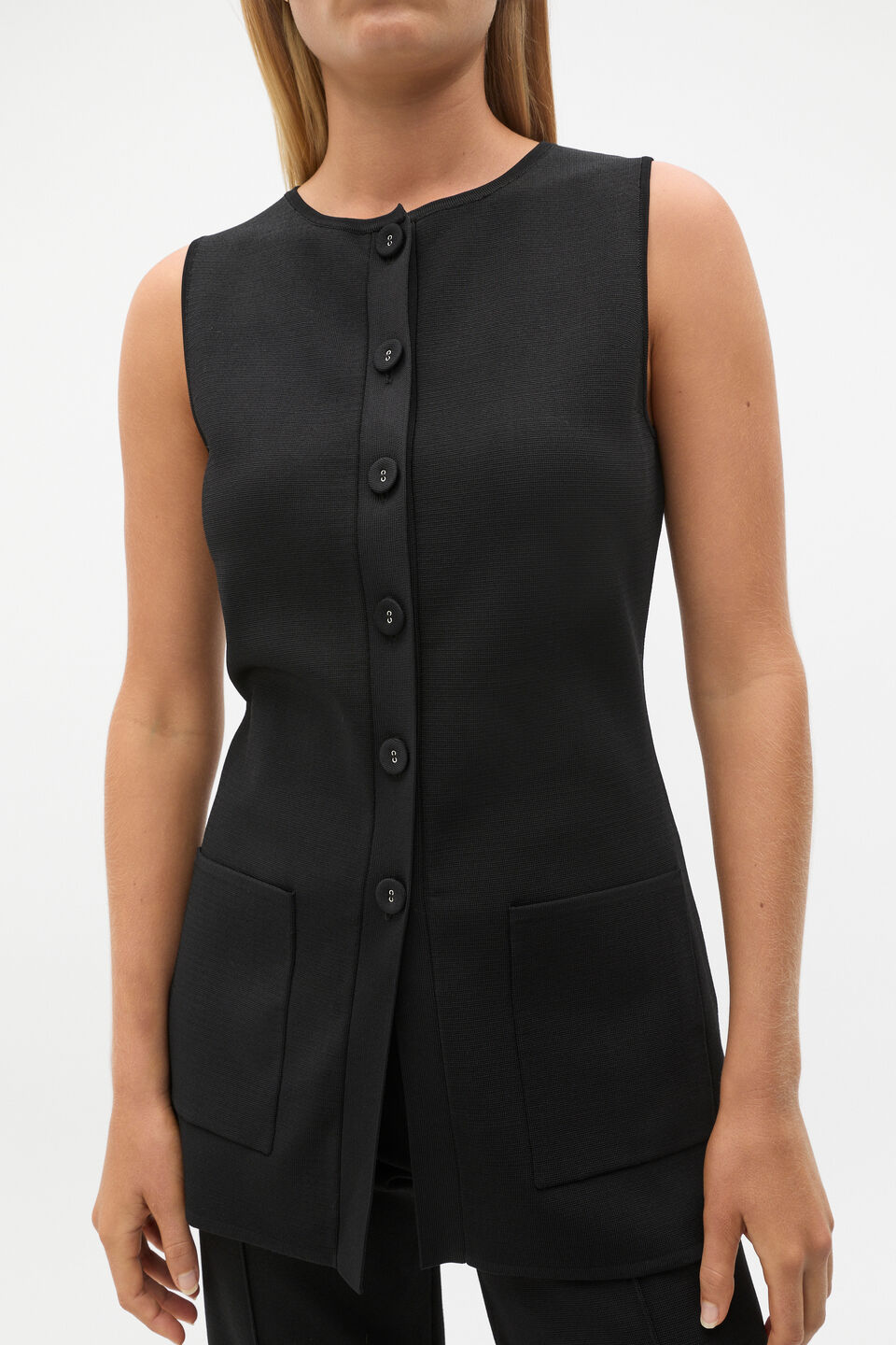 Longline Boat Neck Knit Vest  Black