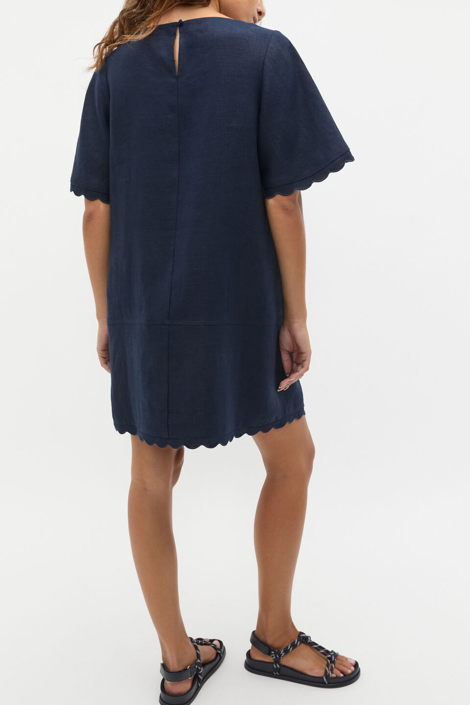 Linen Wave Scallop Mini Dress  Twilight Blue