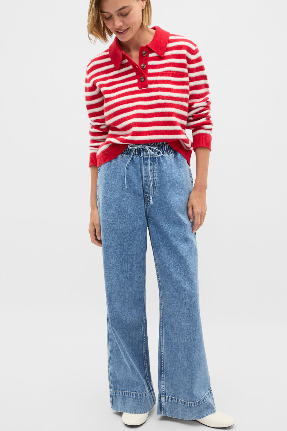 Brushed Merino Stripe Polo Knit  Poppy Stripe