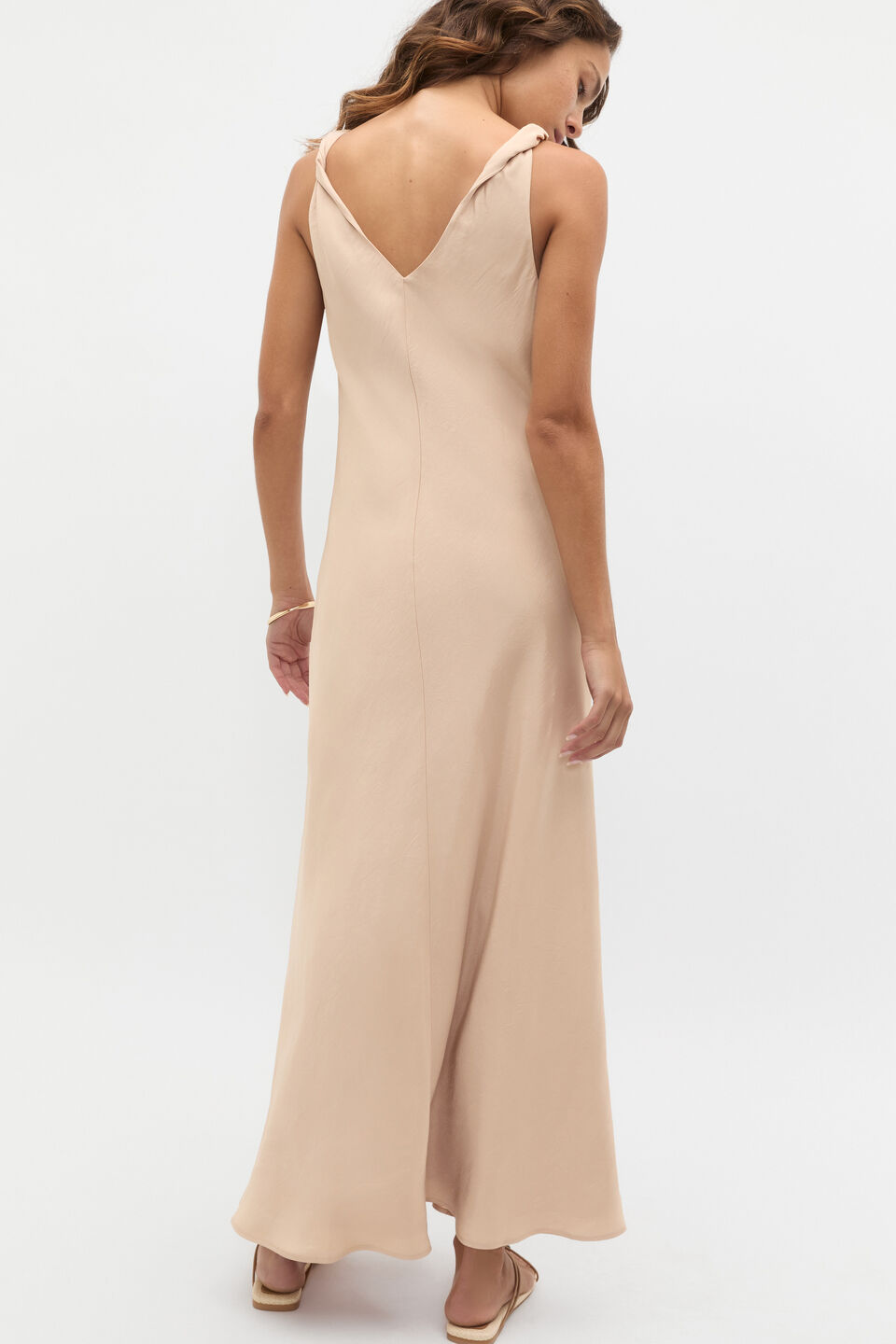 Crinkled Satin Twist Shoulder Dress  Ecru