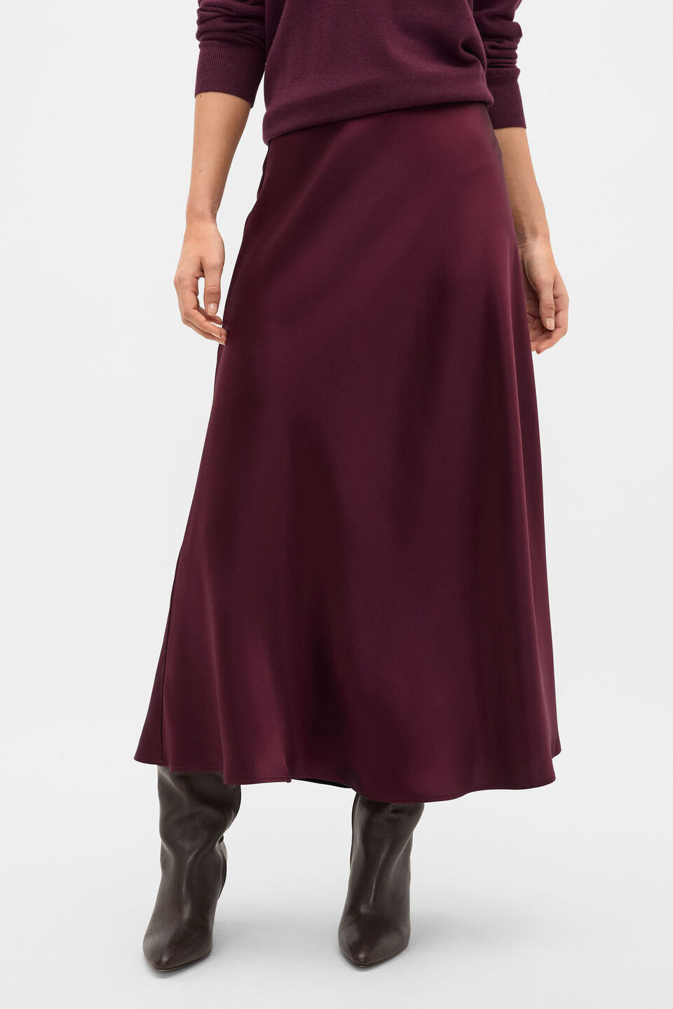Satin Midi Skirt  Plum Red