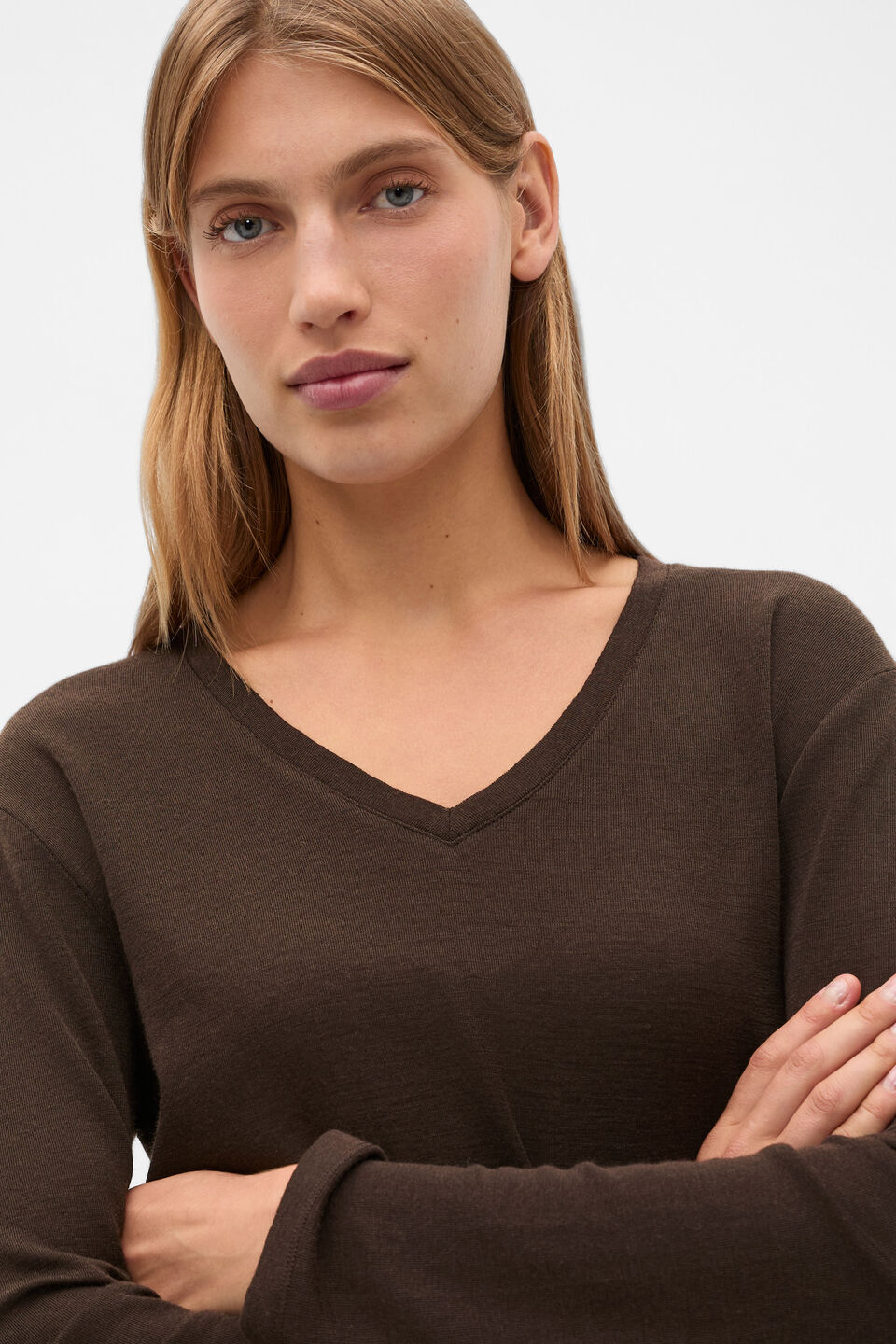 Australian Merino V Neck Top  Coffee Bean