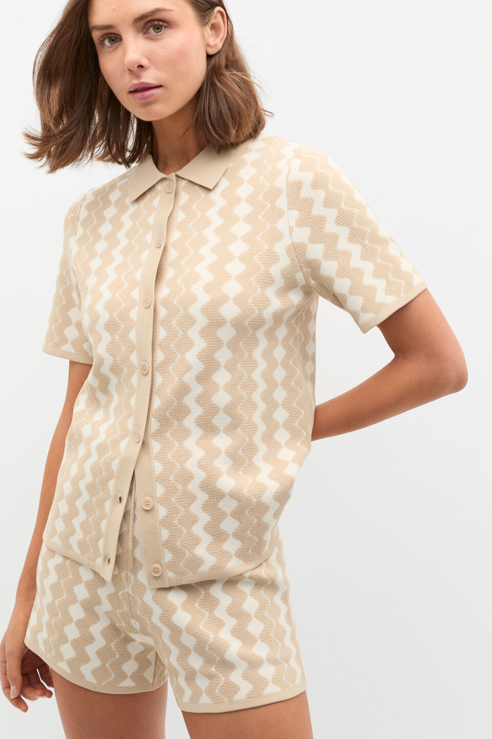 Jacquard Knit Polo Top  Ecru