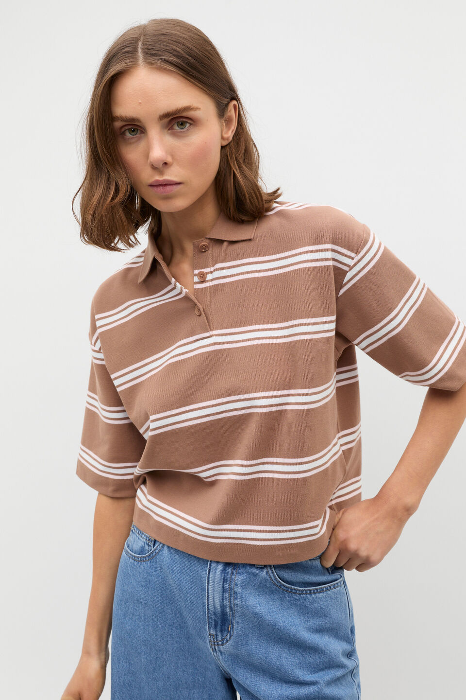 Stripe Boxy Polo  Nutmeg Stripe