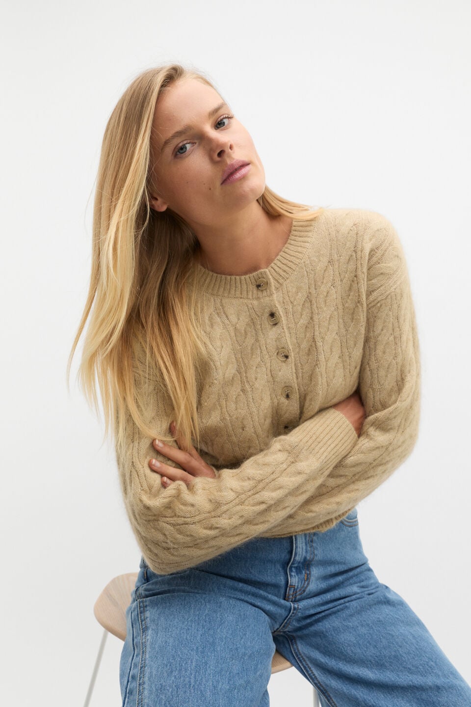 Cable Cropped Button Cardi  Cashew Marle