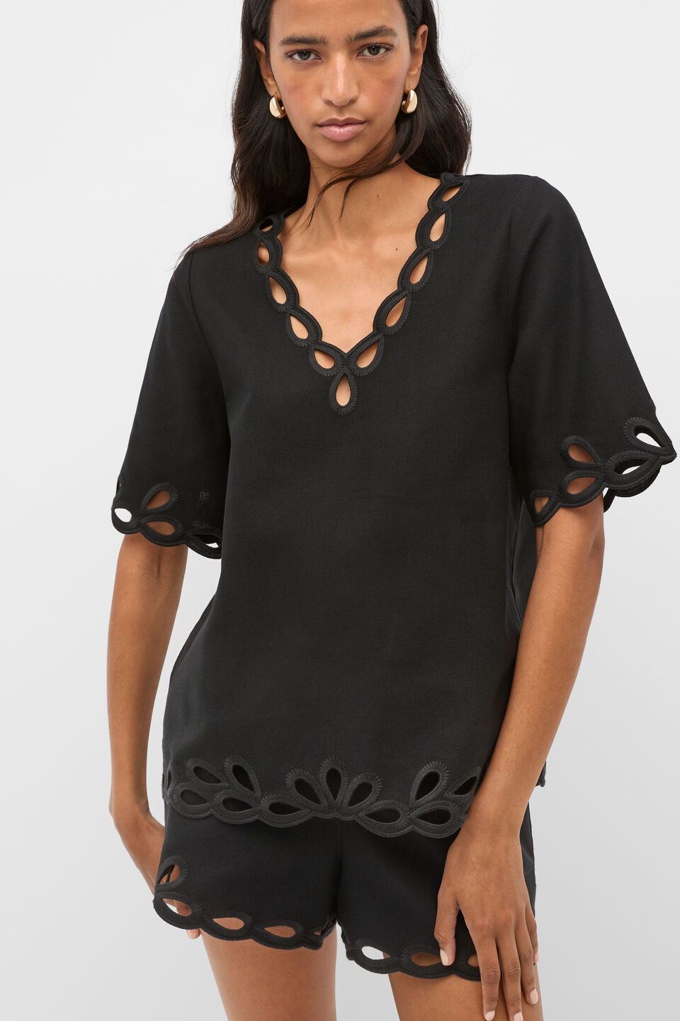 Motif Embroidered Top  Black