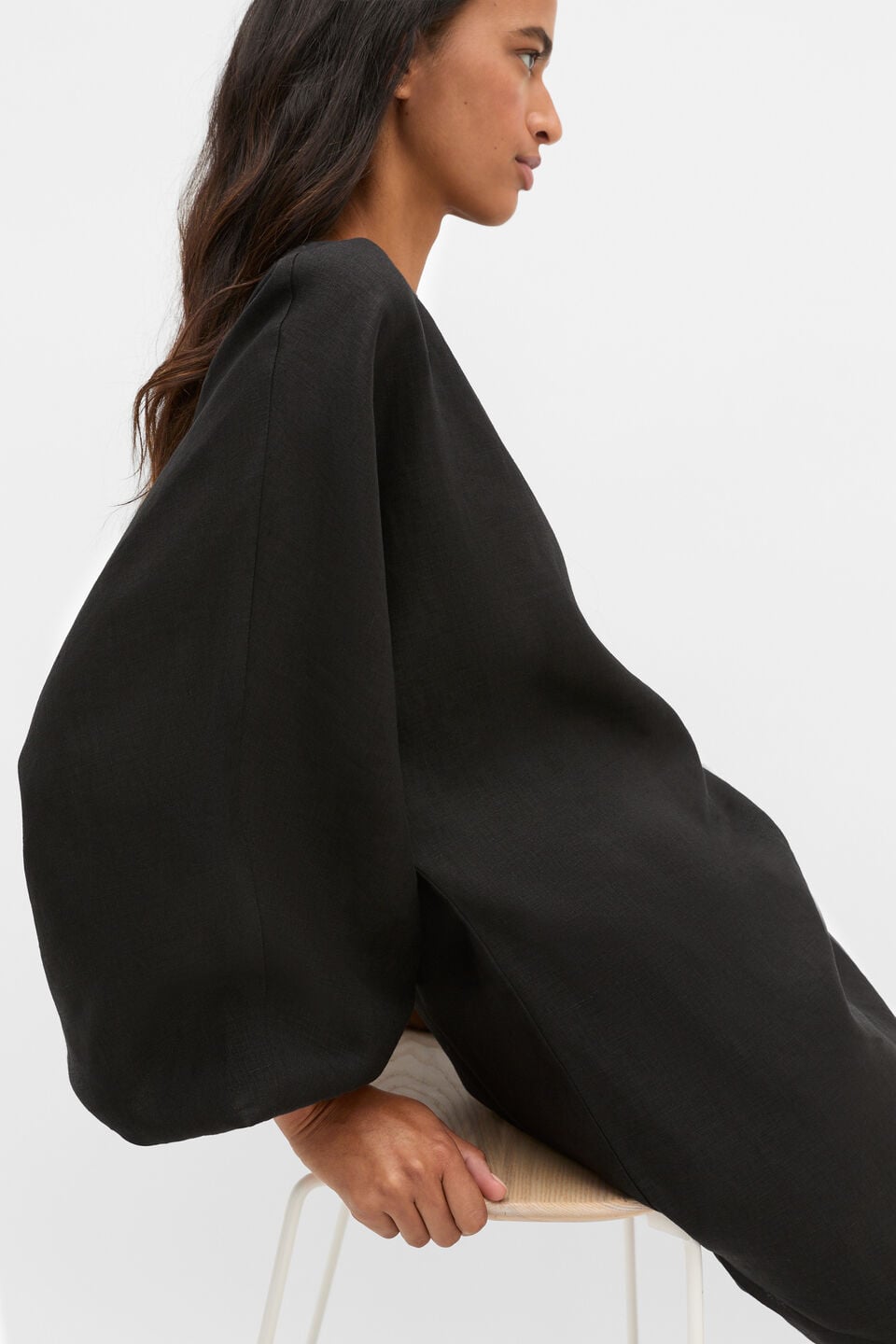 Linen Blouson Sleeve Dress  Black