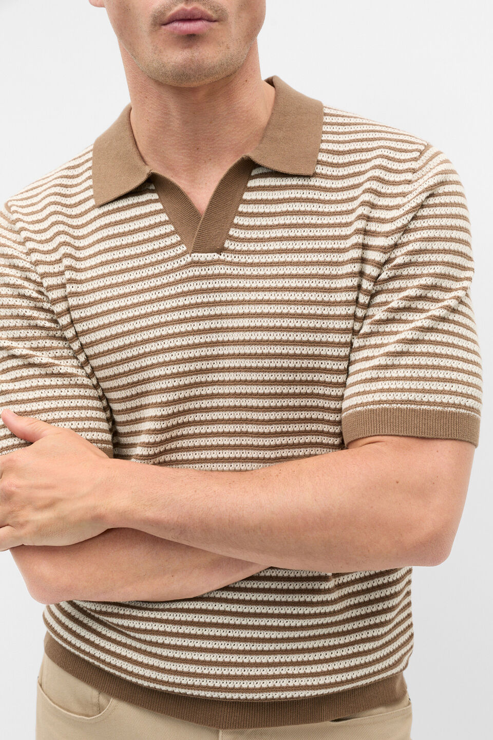 Contrast Stripe Knit Polo  Coffee