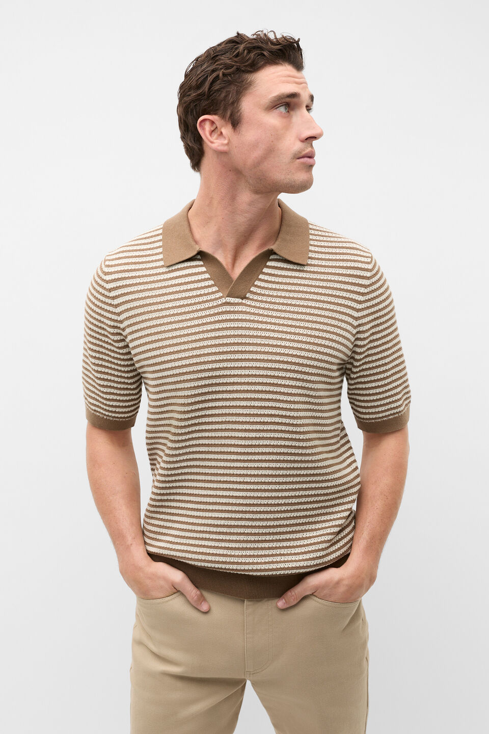 Contrast Stripe Knit Polo  Coffee