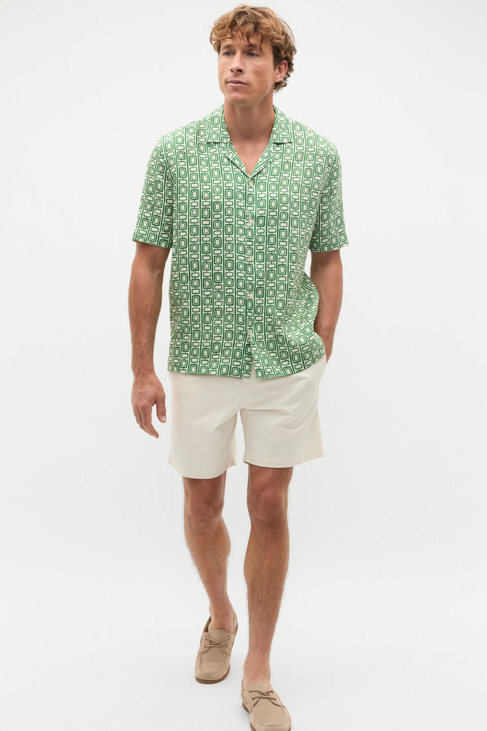 SS Geo Print Lin Shirt  Pea Green