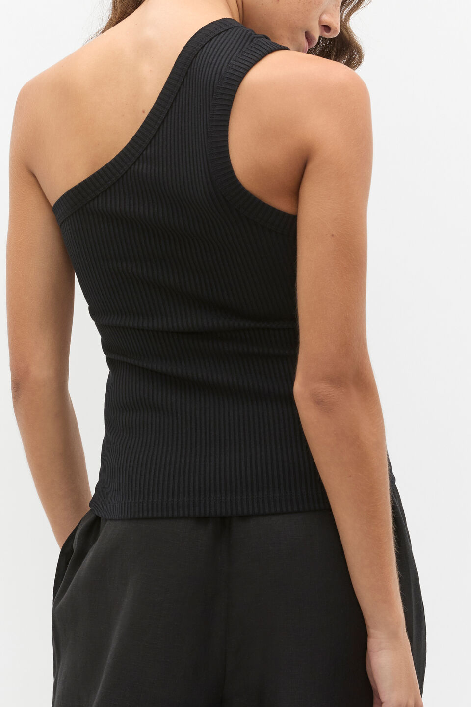 Rib One Shoulder Tank  Black