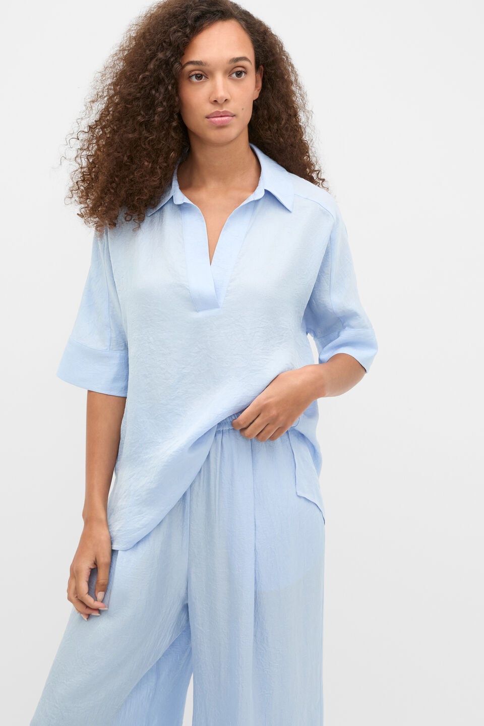 Textured Satin Collared Popover  Arctic Blue