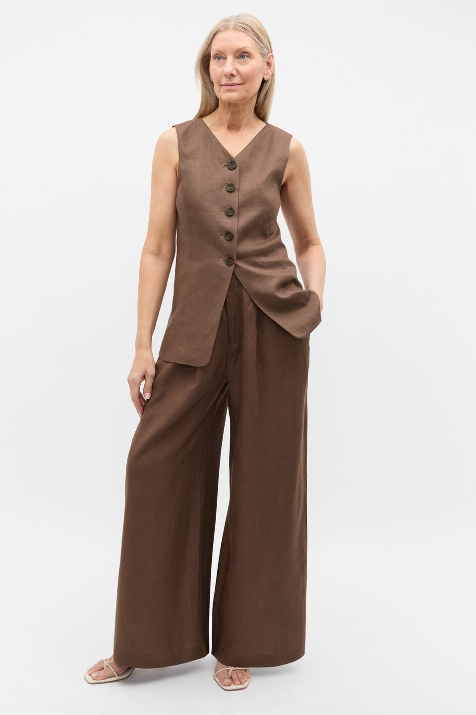 Linen Longline Button Vest  Pinecone