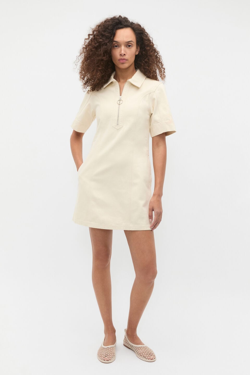 Denim Zip Mini Shirt Dress  Tofu
